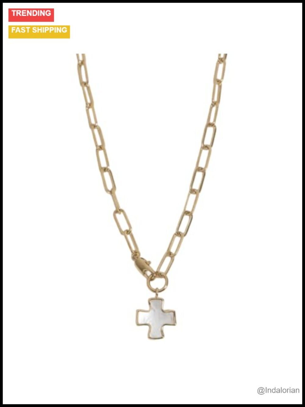 Chunky Pearl Cross Chain Necklace Waterproof Gold PVD Tarnish-Free